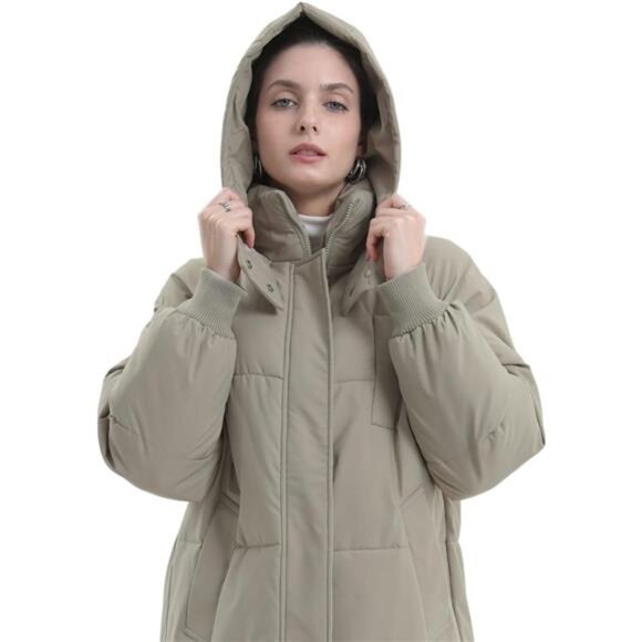 Long Puffer Jacket for Women, Khaki - Picture 4 of 6